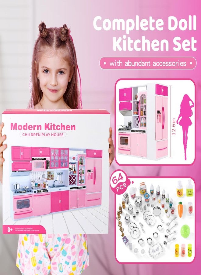 SOCBTNSO 64 PCS Pink Kitchen Toys with Lights Sounds|Mini Kitchen House Furniture Sets for Kids Ages 4-8|Doll Playset Toys for Toddlers 3-5|Birthday Gifts for 3 4 5 6 7 8 Old Girls - Image 2